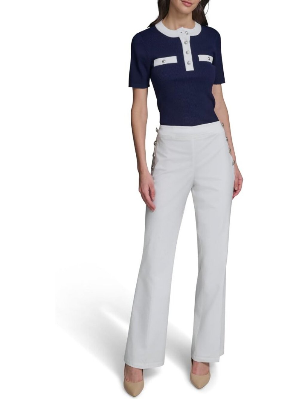 Chic Women's Straight Leg Sailor Pants with Button Detail | Cotton Twill - Picture 4 of 6